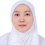 Front-facing portrait of a woman in a white hijab, neutral expression, against a white background.