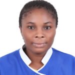 Portrait of a young woman in a blue uniform with a white collar, facing the camera.