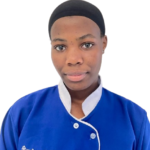 Young woman in a blue uniform with white trim and a black cap, facing the camera; chest logo reads 'Excellence Center'.
