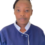 Portrait of a young woman with braided hair wearing a blue uniform with white trim; the top reads 'Excellence Center'.