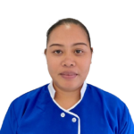 Portrait of a woman facing the camera, wearing a blue uniform with white trim, against a white background.