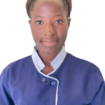Young woman wearing a navy blue uniform with a light blue collar, facing the camera against a white background.