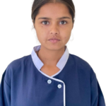 Portrait of a young girl with dark hair in a center part, wearing a navy blue uniform with white piping, against a white background.