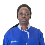 Portrait of a woman in a blue uniform with white trim and a black headscarf, facing the camera; 'Excellence Center' logo on her chest.